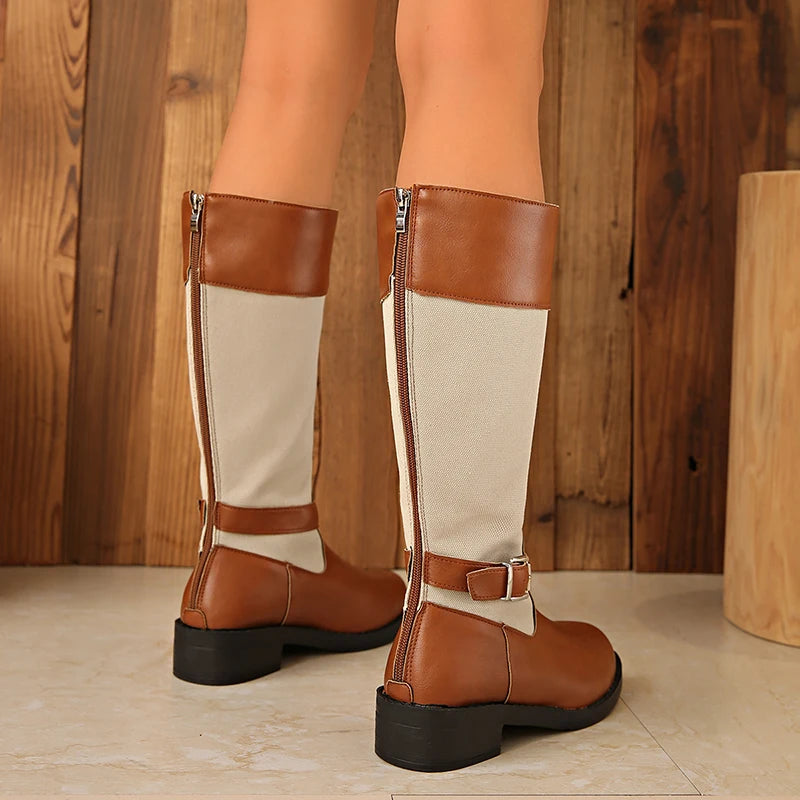 Flowers Print Knee High Boots Women Plus Size 35-43 Thick Heels Long Boots Woman Back Zipper Decor Bohemian Knight Botas Mujer