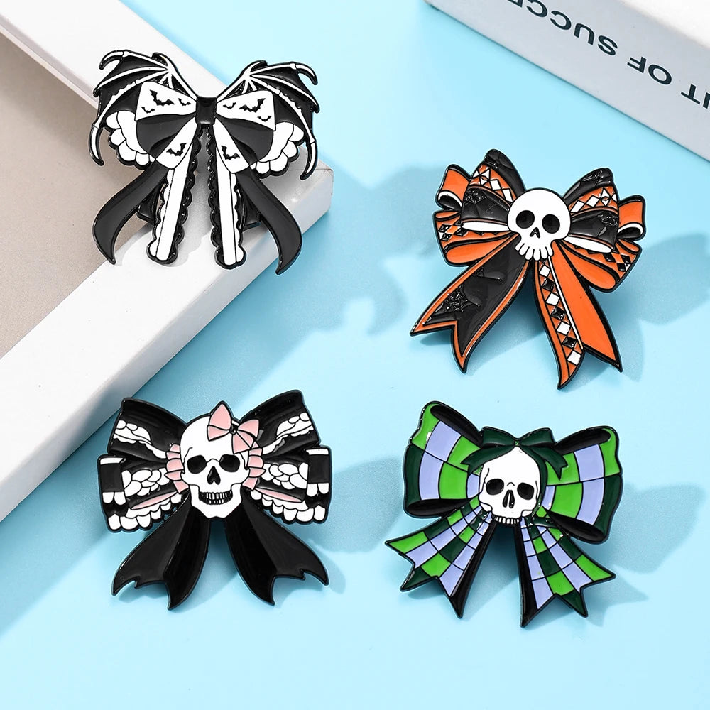 4 Pcs Gothic Skull Bow Enamel Pin Bat Wing Checkered Ribbon Bow Lapel Brooches Punk Dark Skeleton Jewelry for Backpack Jacket De