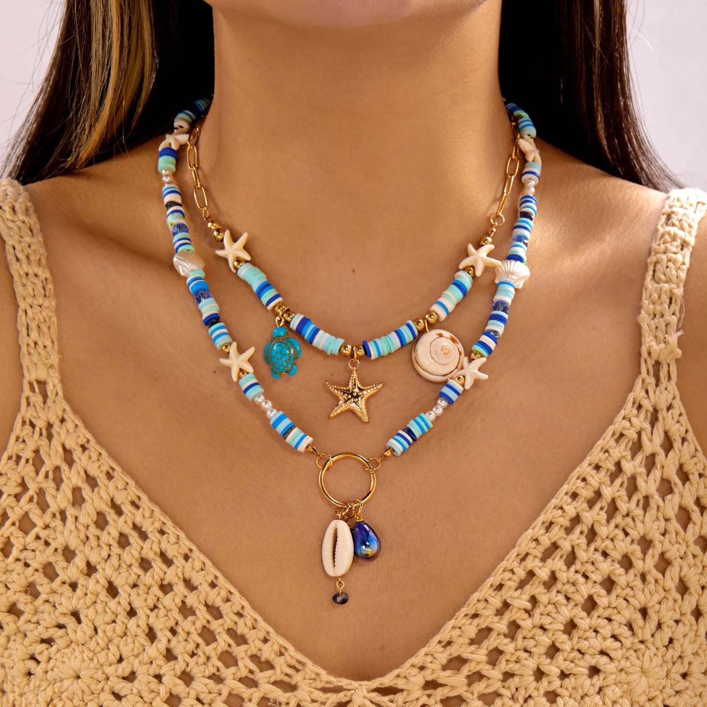 Tropical Fresh 2Pcs Layered Necklace Set For Women Starfish Turtle Shell Polymer Clay Beaded Summer Beach Jewelry