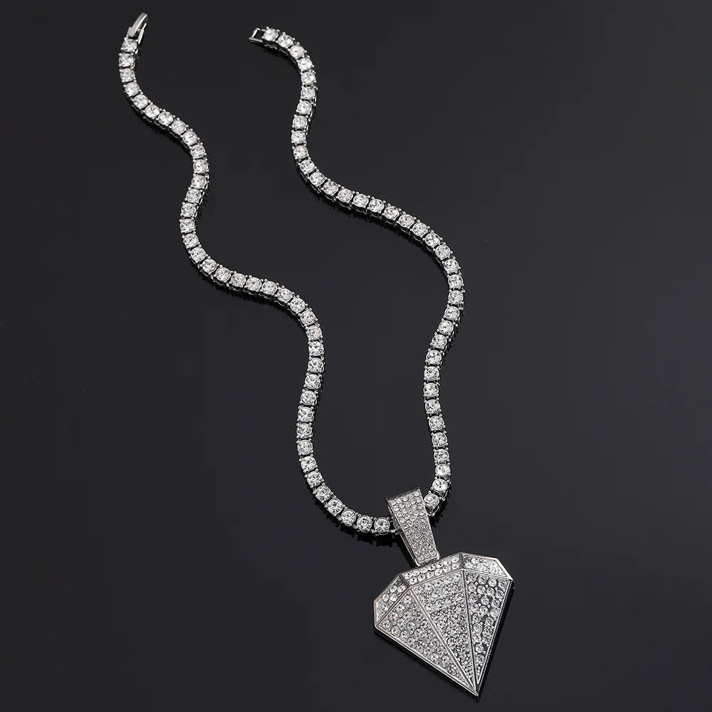 Men's Hip Hop Fashion Bling Big Triangle Pendant Necklace,With 4mm Rhinestone Tennis Chain Diamond Shape Necklaces Charm Jewelry