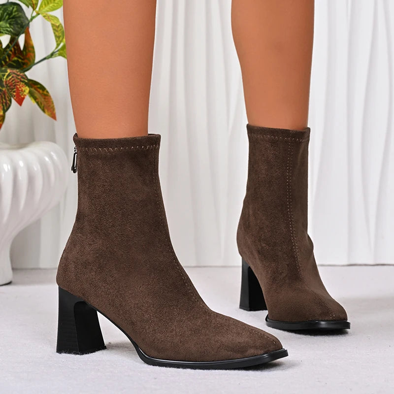 Flock Thick High Heels Ankle Boots Women Plus Size 42 Back Zipper Short Booties Mujer Small Square Toe Fashion Boots Woman