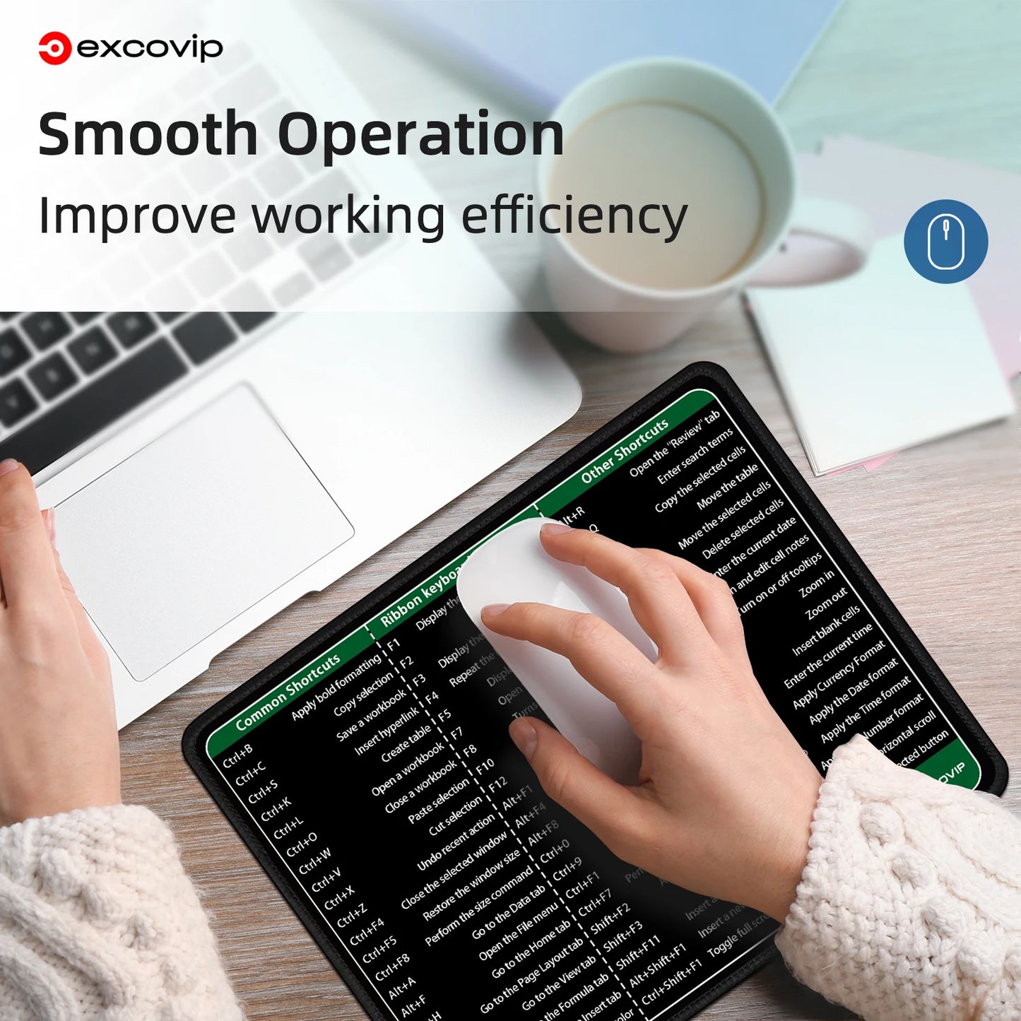 EXCO Excel Shortcuts Mouse Pad with Stitched Edge Non-Slip Rubber Base Office Mousepad Small for Laptop Computer Home Portable