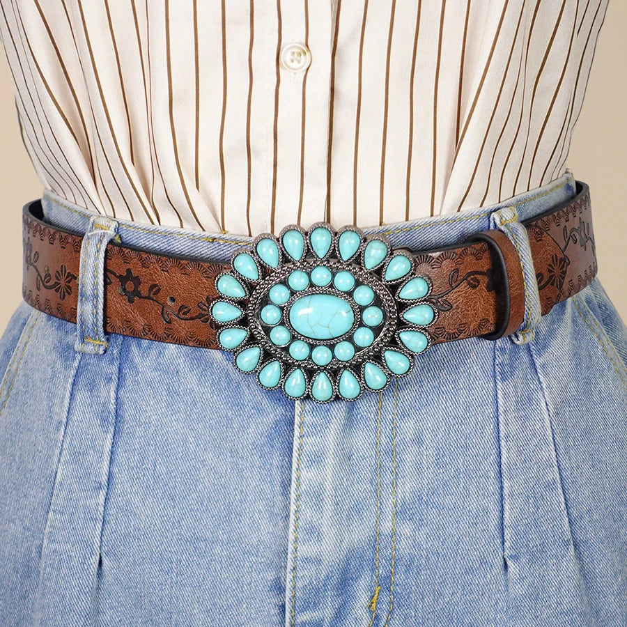Retro Court Style Imitation Gemstone Inlaid Women's Wide Belt, Western Denim Style, Niche Women's Belt