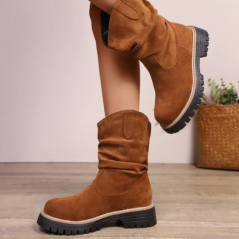 Plus Size 43 Flock Platform Ankle Boots Women Slip On Thick Sole Pleated Short Booties Mujer Anti Slip Autumn Winter Boots