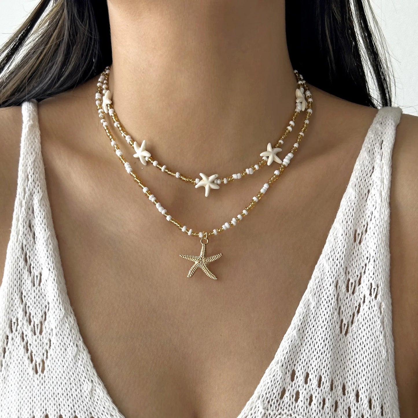 2Pcs/Set Summer Starfish Seed Bead Necklace For Women Bohemian Handmade Colorful Choker Beach