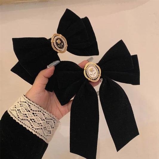 Black Velvet Rose Bow Hair Clip for Women's Elegant Ponytail Clip Fashion Hair Accessory
