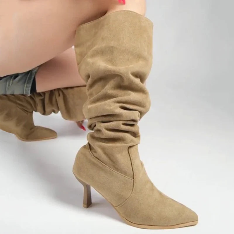 Vintage Thin High Heel Knee High Boots Women 2025 Sexy Pointed Toe Long Black Boots Woman Slip On Pleated Faux Suede Botas Mujer
