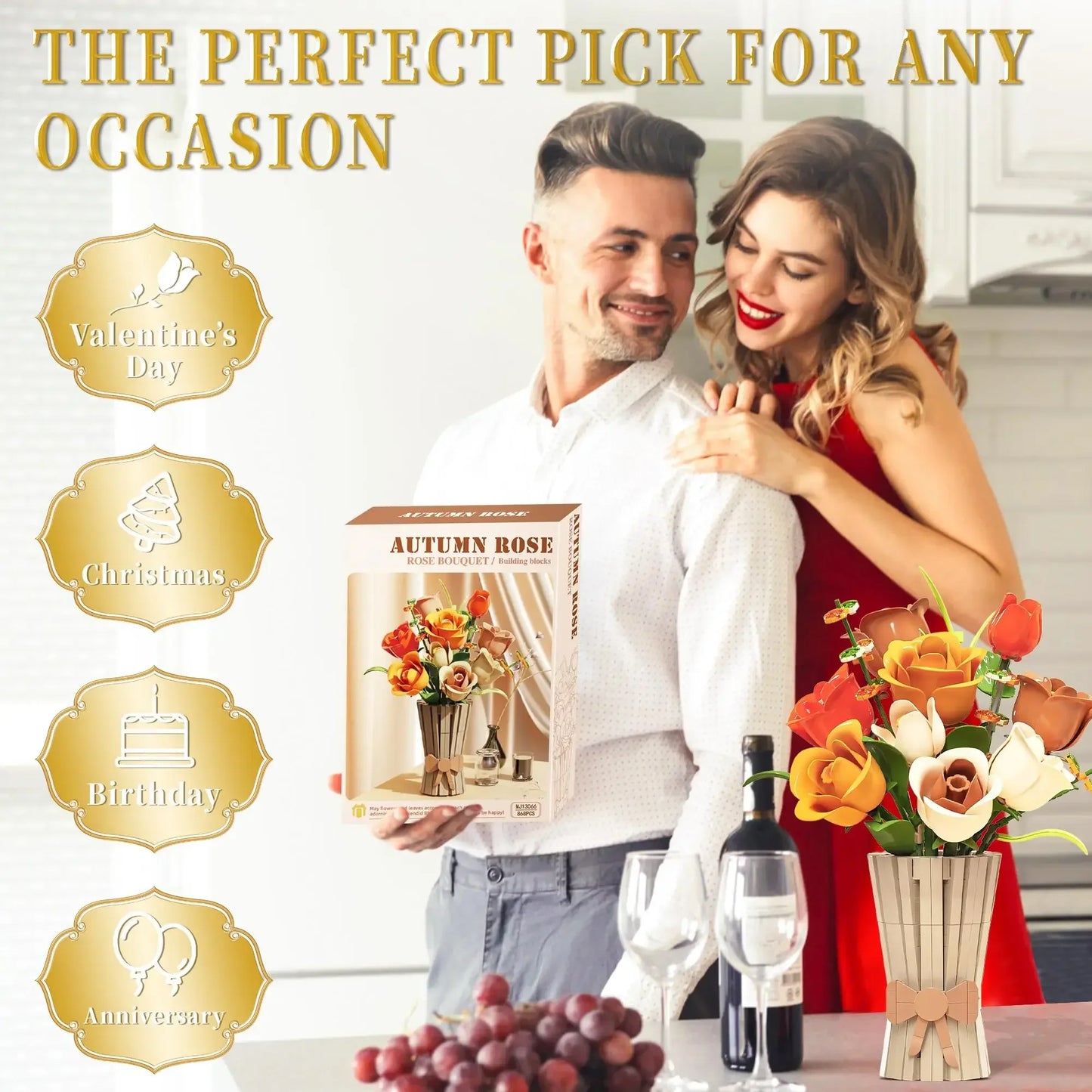 868PCS Rose Bouquet Building Blocks Eternal Flower Vase Bricks Home Decoration