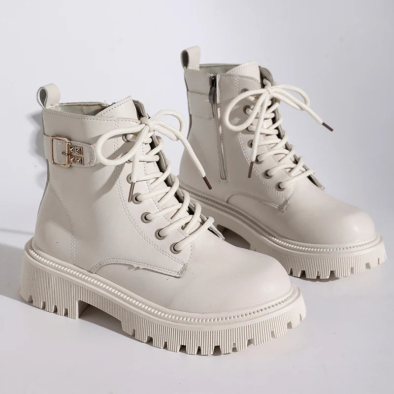 Fashion Buckel Thick Sole Ankle Boots Women Lace Up Punk Motorcycle Boots Woman Pu Leather Thicken Plush Short Booties Mujer