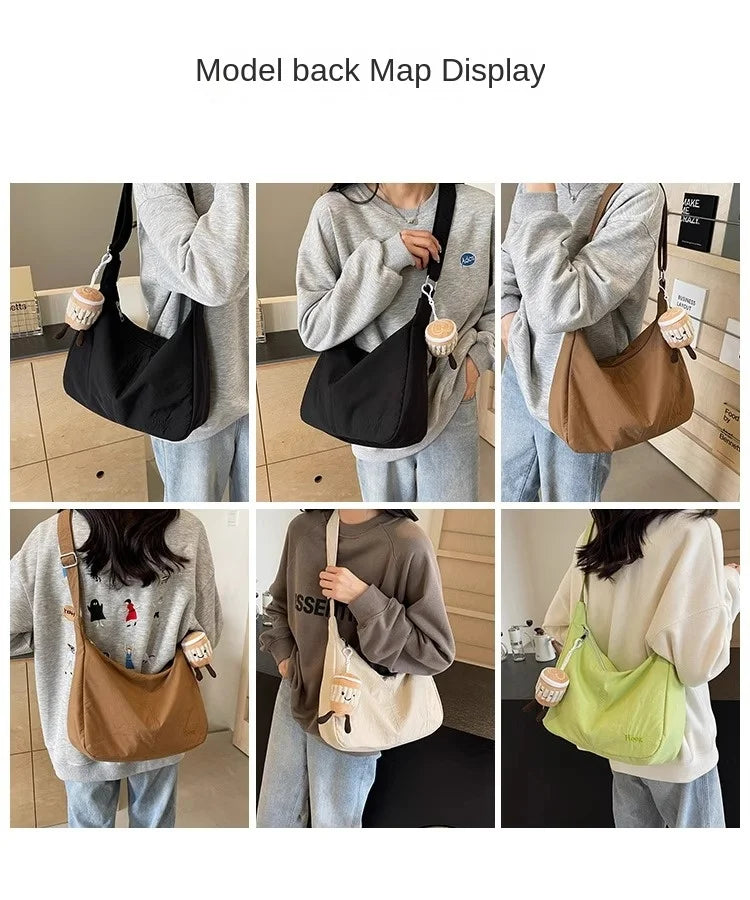 Black Women Japan Hobo Embroidery Shoulder Bag Versatile Waterproof Commuter Bag