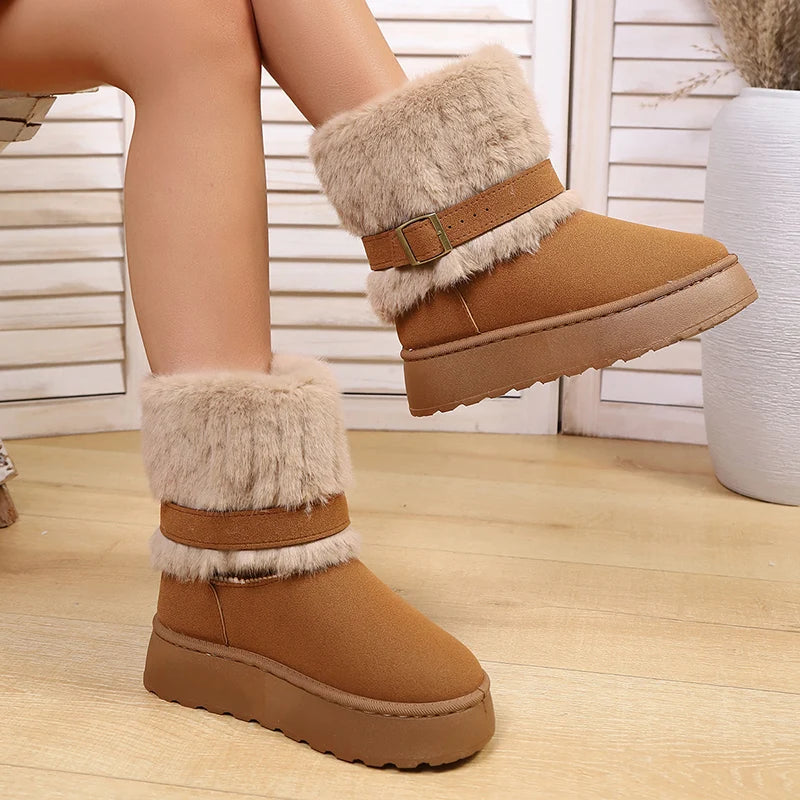 Fluffy Fur Non Slip Snow Boots Women Fashion Buckle Thick Bottom Warm Ankle Boots Woman Faux Fur Platform Winter Booties 36-43