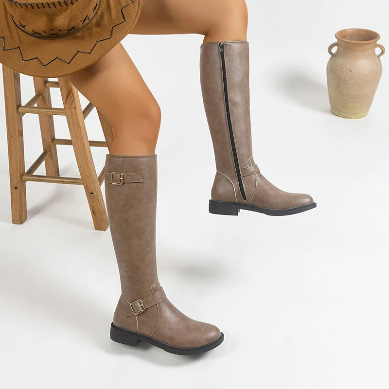 Metal Buckle Pu Leather Keen High Boots Women 2026 Autumn Side Zipper Platform Long Boots Woman Plus Size 43 Fashion Botas Mujer