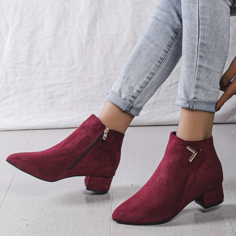 Burgundy Faux Suede Ankle Boots Women Spring Autumn 2025 Classic Metal Decoration Boots Woman Zipper Pointed Toe Botas Mujer