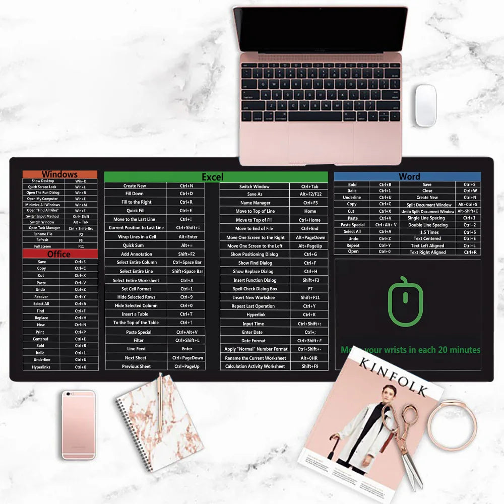 Excel Shortcut Keys Mouse Pad - Computer Word Outlook Command Prompt Extended Large Cheat Sheet Mousepad |PC Office Keyboard Mat