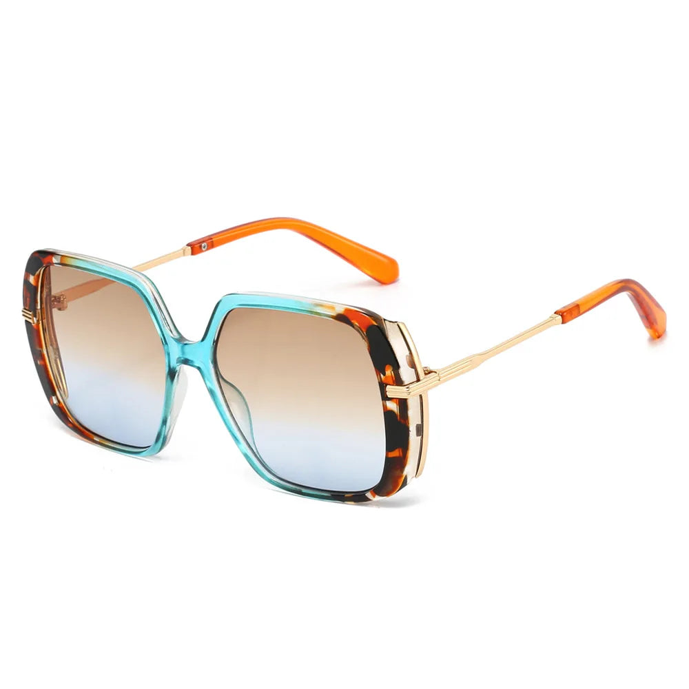 JNPCXI Retro Square Rivets Men Sunglasses Gradient Shades UV400 Fashion Green Leopard Women Clear Lens Frame