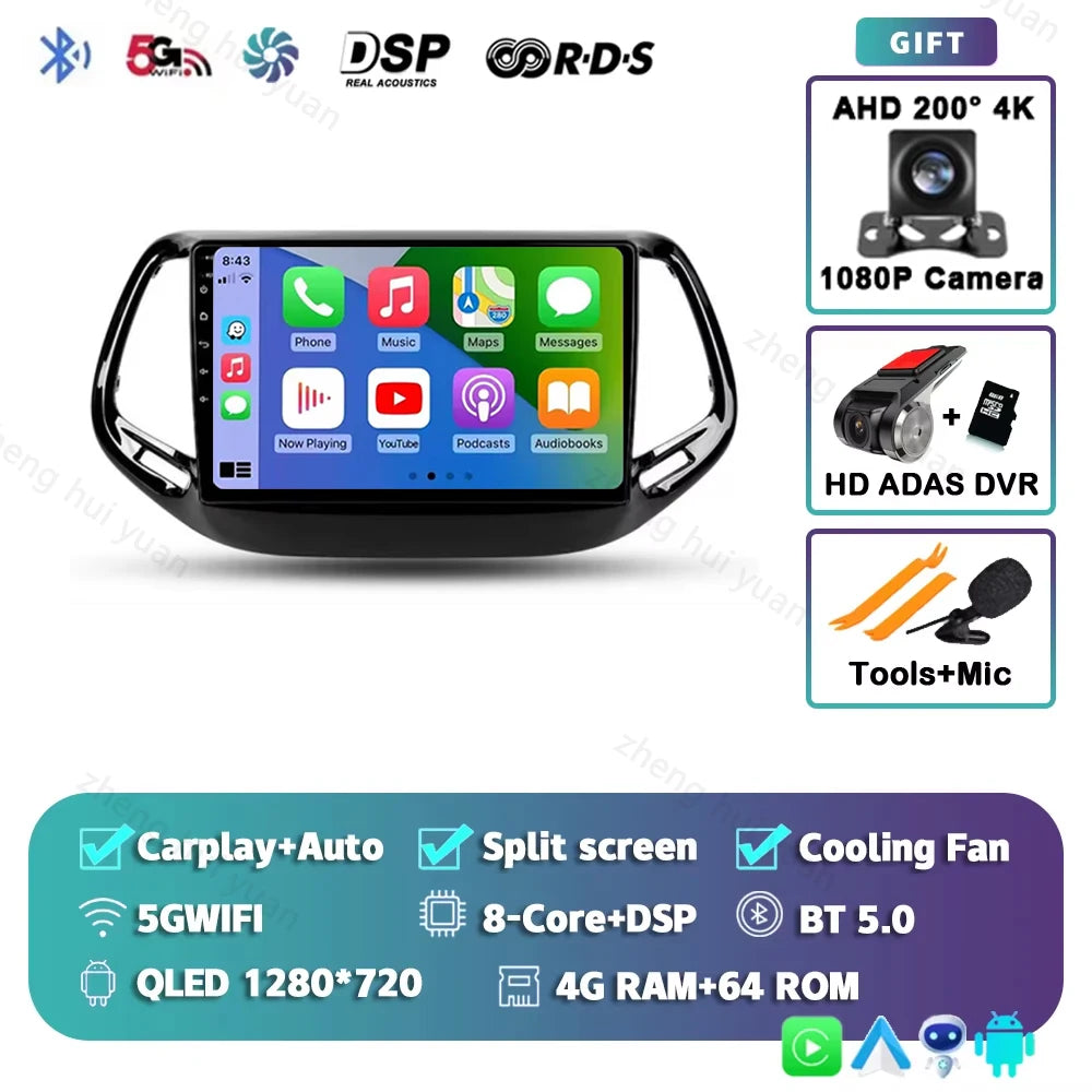 2K QLED For Jeep Compass 2 MP 2016 - 2018 Android 15 CarPlay Auto Car Radio Multimedia Video Player GPS stereo Head Unit 4G WIFI