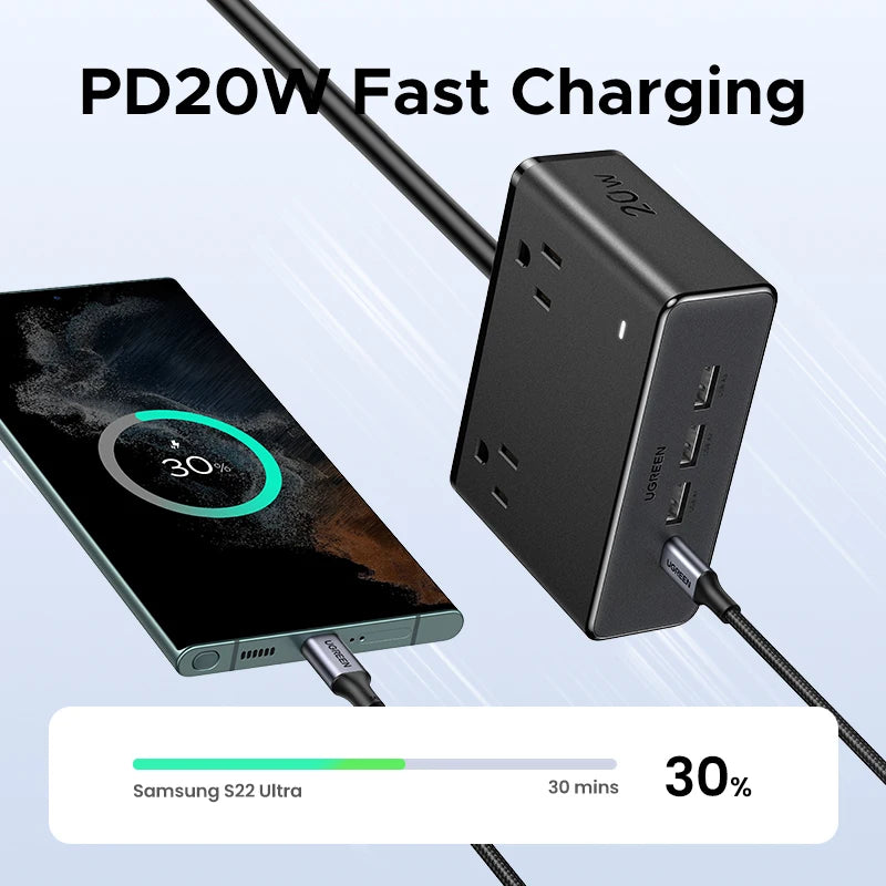 6in1 Power Strip UK/US Plug 2 AC 3 USB-A 1 USB-C 2990W 13A 250V Surge Protector