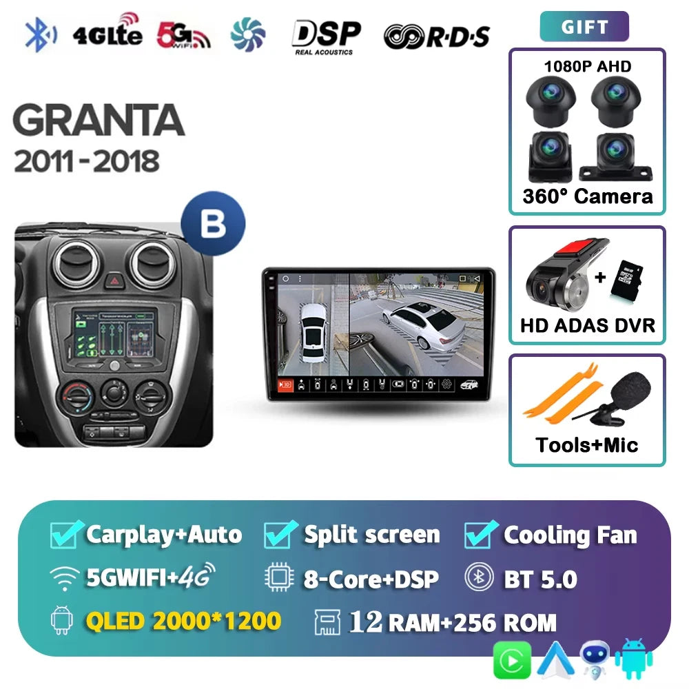 For LADA Granta Sport 2011 - 2018 Android 15 12+256GB 4G WIFI Car Radio Carplay Auto Multimedia Stereo Video Player GPS Navigati