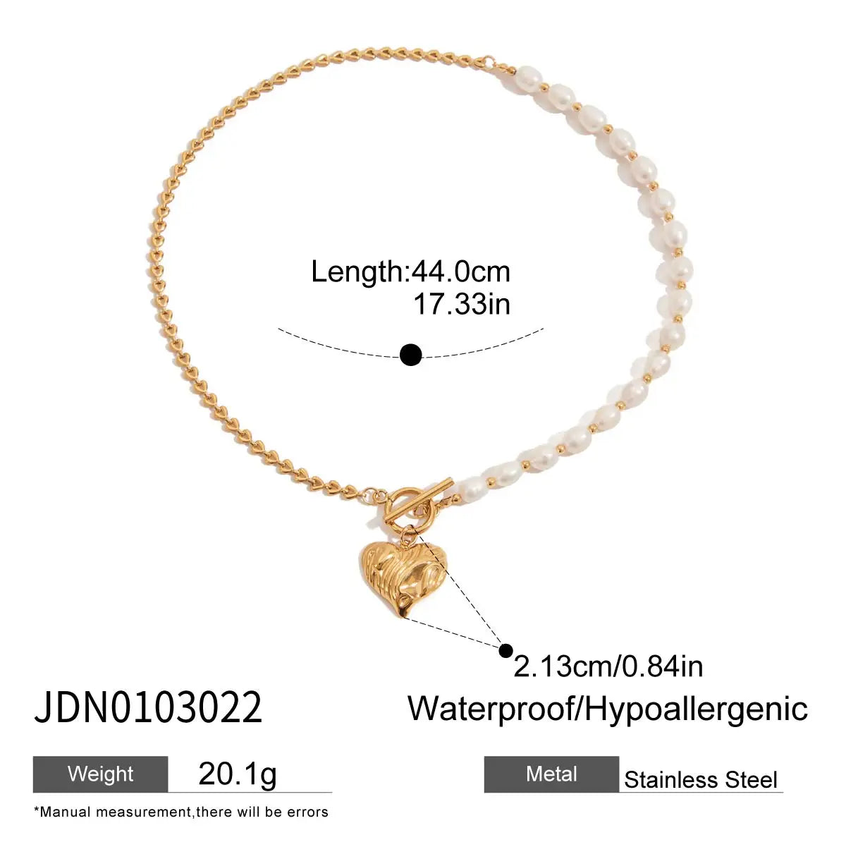 Uworld Fashion Elegant Freshwater Pearl Heart Pendant Necklace 18K Gold Color Plated Stainless Steel Half Pearl Half Chain Neckl