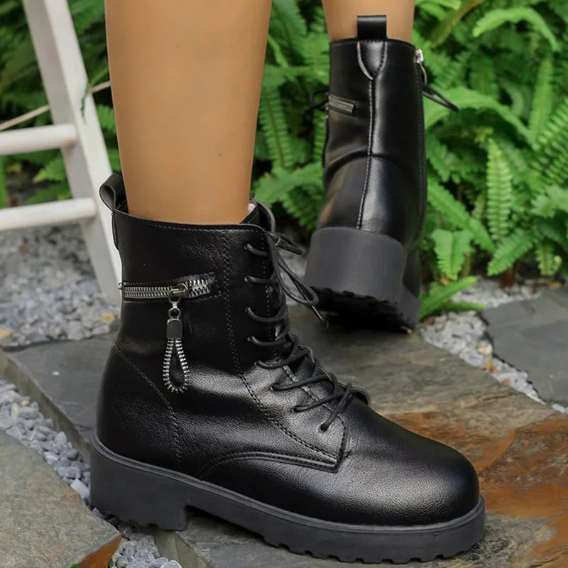 Black Pu Leather Modern Boots for Women Autumn Winter Lace Up Platform Ankle Boots Woman Zipper Short Plush Booties Female