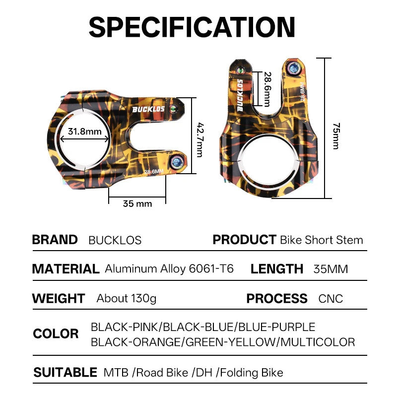 BUCKLOS Ultralight Bicycle Short Stem High Strength DH/AM/XC MTB Mountain Bike Aluminum Alloy CNC Stem 31.8×28.6MM Cycling Power