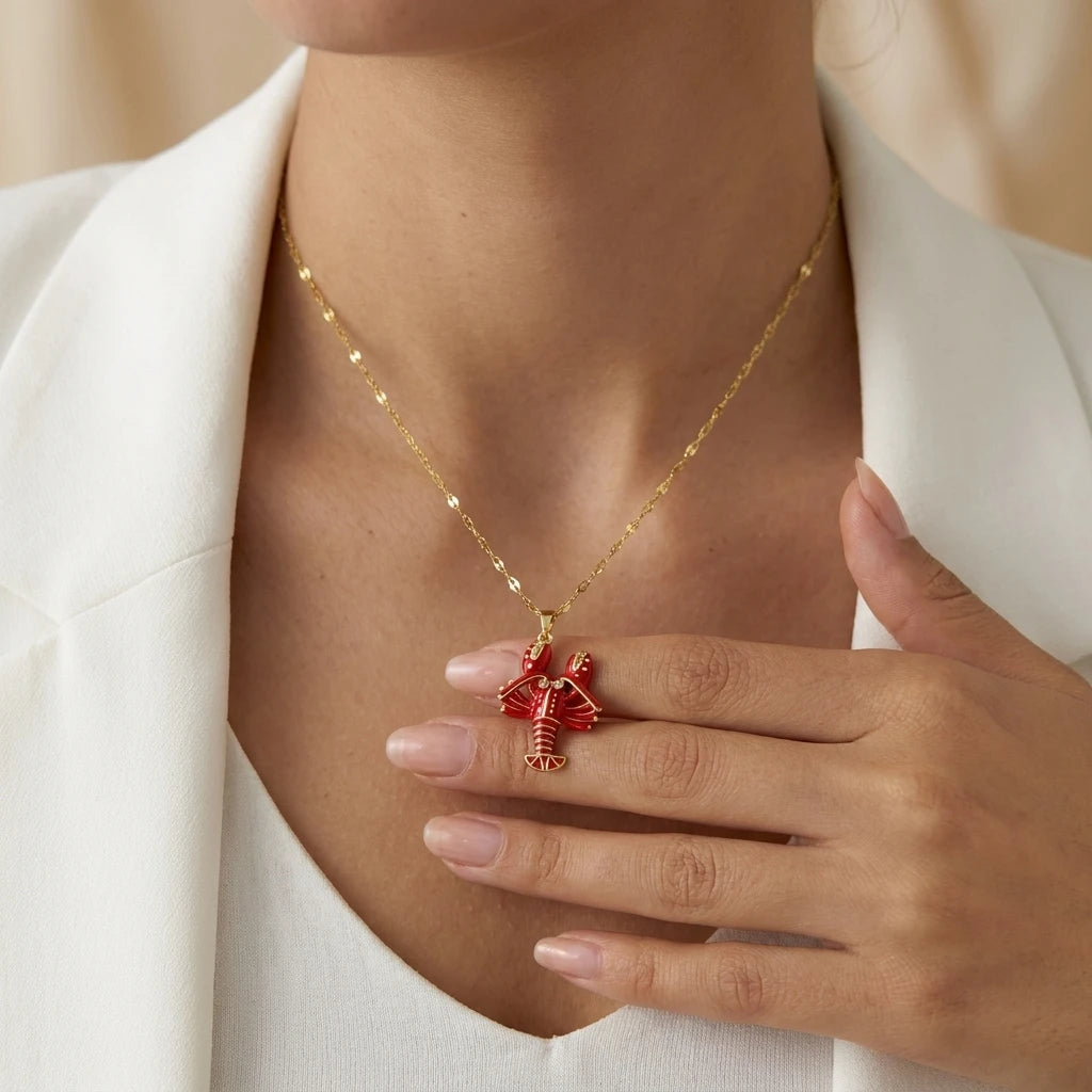 Minimalist Copper Red Enamel Lobster Pendant Necklace with Cubic Zirconia Dainty Gold Tone Chain Simple Statement Jewelry