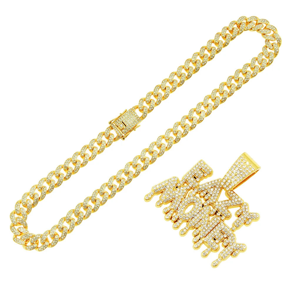 Fashion Rock EAZY MONEY Letter Pendant With 13mm Rhinestones Miami Cuban Chain HipHop Iced Out Bling Necklaces Charm Man Jewelry