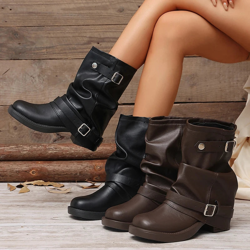 Fashion Buckle Black Pu Leather Ankle Boots Women Slip On Thick Heels Punk Motorcycle Boots Woman Plus Size 42 Slouchy Botas