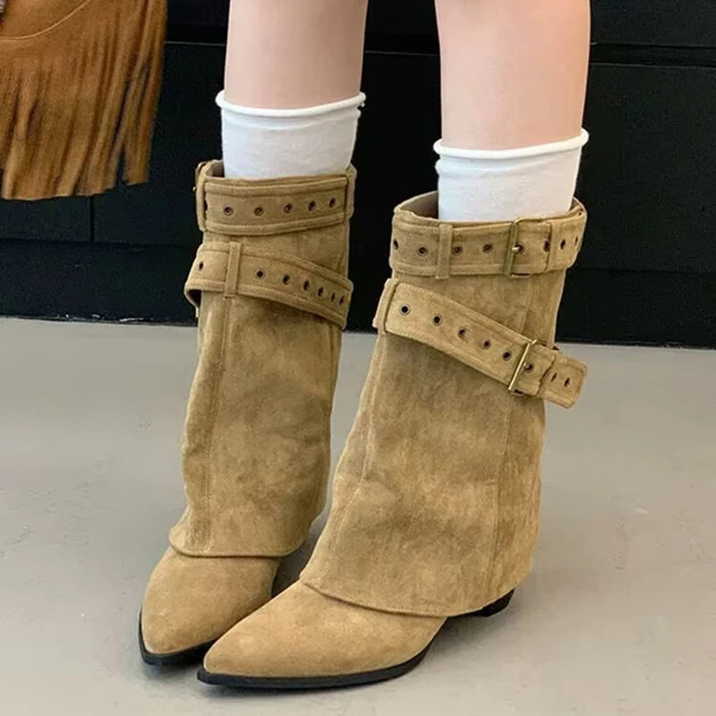 Punk Belt Buckle Pointed Toe Mid Calf Boots Women Fashion Thick Heel Wide Leg Pants Boots Woman Autumn Winter Pu Leather Botas