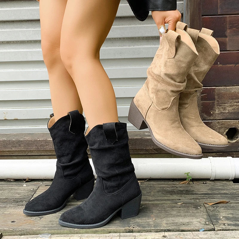 Brown Pointed Toe Thick Heels Western Boots Women Plus Size 43 Slip On Mid Calf Boots Woman Wide Leg Pleated Flock Botas Mujer