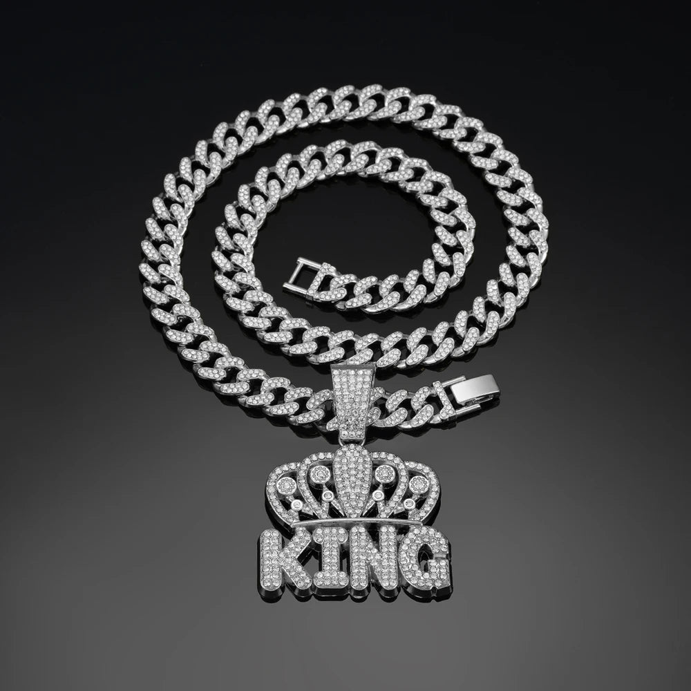 Men Hip Hop Crown KING Letter Pendant Necklace with 13mm Miami Cuban Chain Iced Out Bling HipHop Necklaces Fashion Women Jewelry