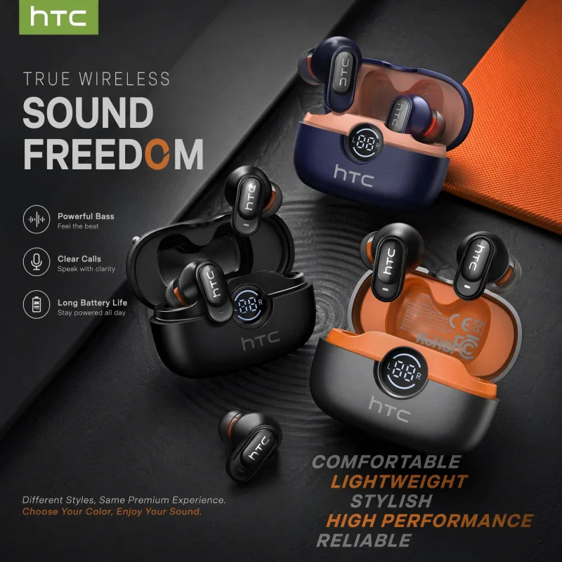 HTC NE79 Bluetooth Earphones Comfort Wireless Headphones Premium Sound Quality Sports Gaming Long Battery Soft In-ear Earbuds