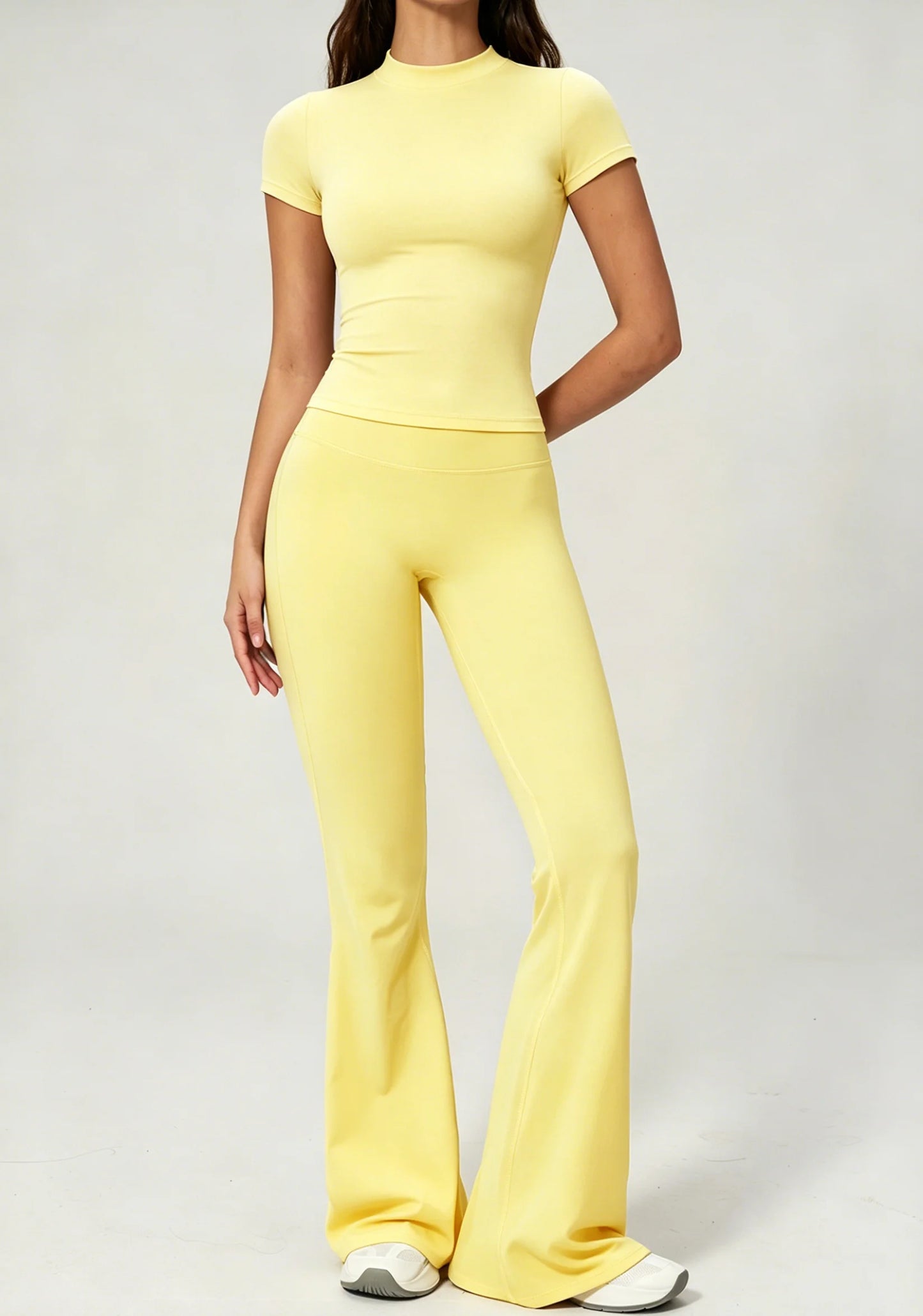 Soft Seamless Yoga Outfits Women Slim Fit Short Sleeve Tee High Rise Flared Leggings Sport Gym Two Piece Set