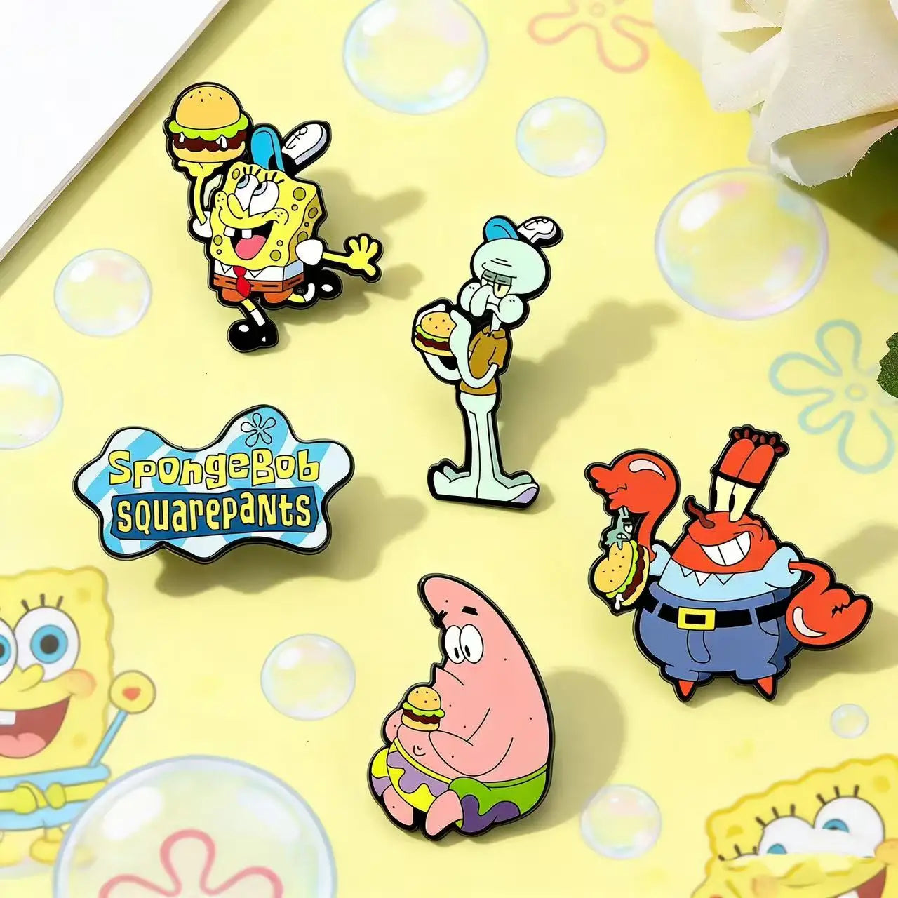 5pcs Sponge SquarePants Enameled Brooches Metal Badges Cute Jewelry Set for Bag Clothing Backpack Accessorizing Ideal Gift