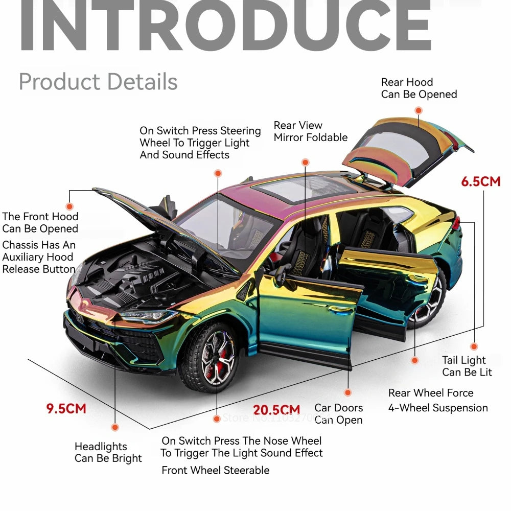 1:24 Lambor URUS Model Toys Diecast Alloy Car Doors Opened Sound Light Pull Back Shock Absorption Vehice Children Christmas Gift