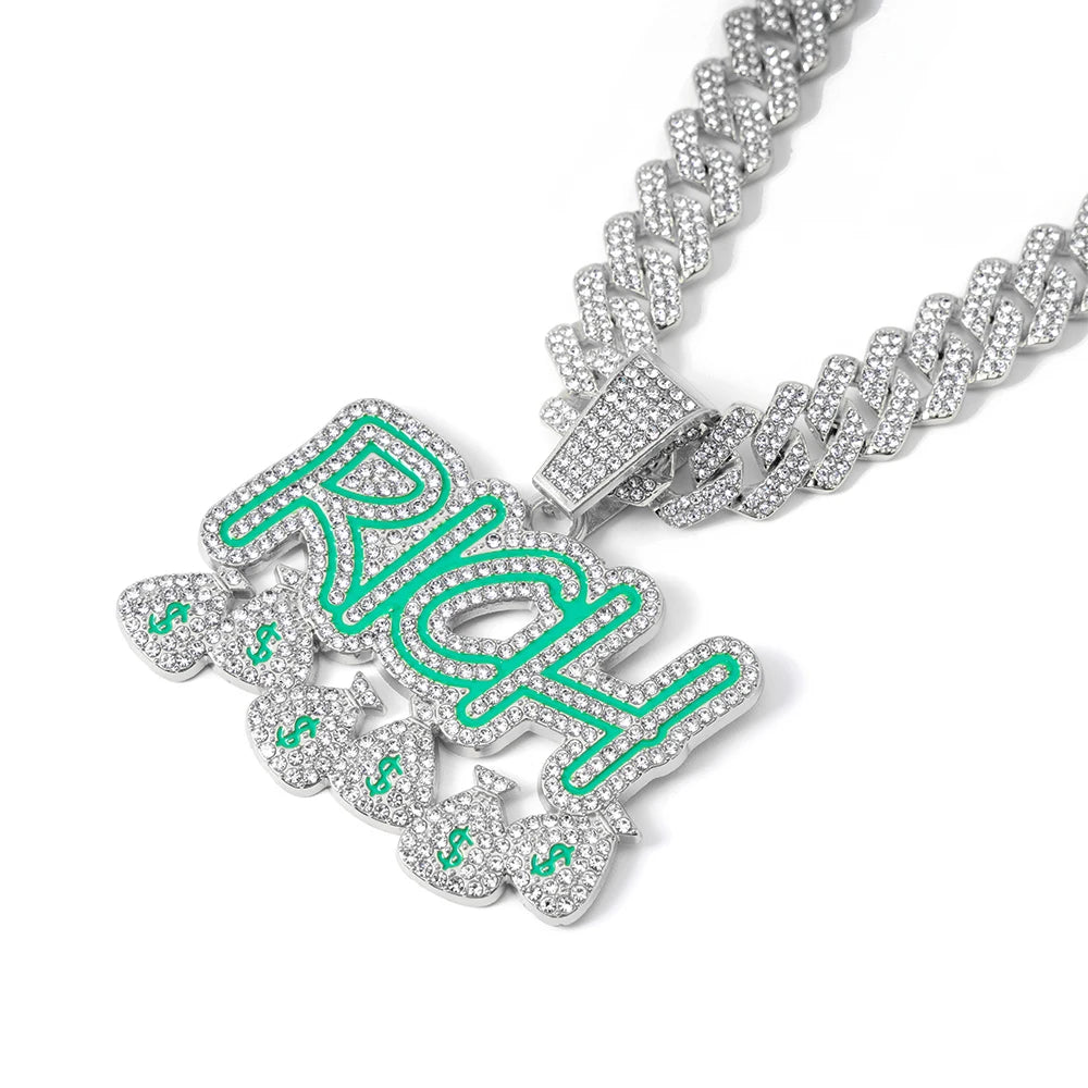 Hip Hop Men Become Rich Money Bag Letter Pendant Necklace With 14mm Miam Iced Out Trendy Dollar Cuban Link Chain Necklaces Gift