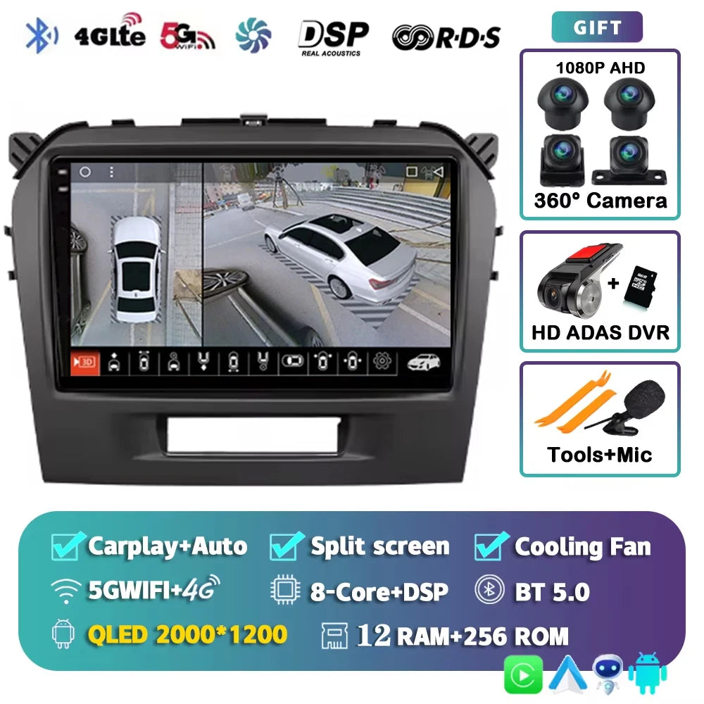 Android 15 2K For Suzuki Vitara 4 2013-2019 12+256GB WIFI Car Multimedia Player wireless Carplay Android Auto 4G Wifi GPS stereo