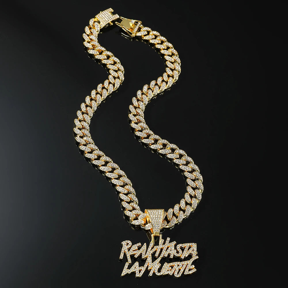 Men Hip Hop Double Row Spliced Letters Pendant Necklace with 13mm Cuban Chain Hiphop Iced out Necklace Fashion Punk Jewelry Gift