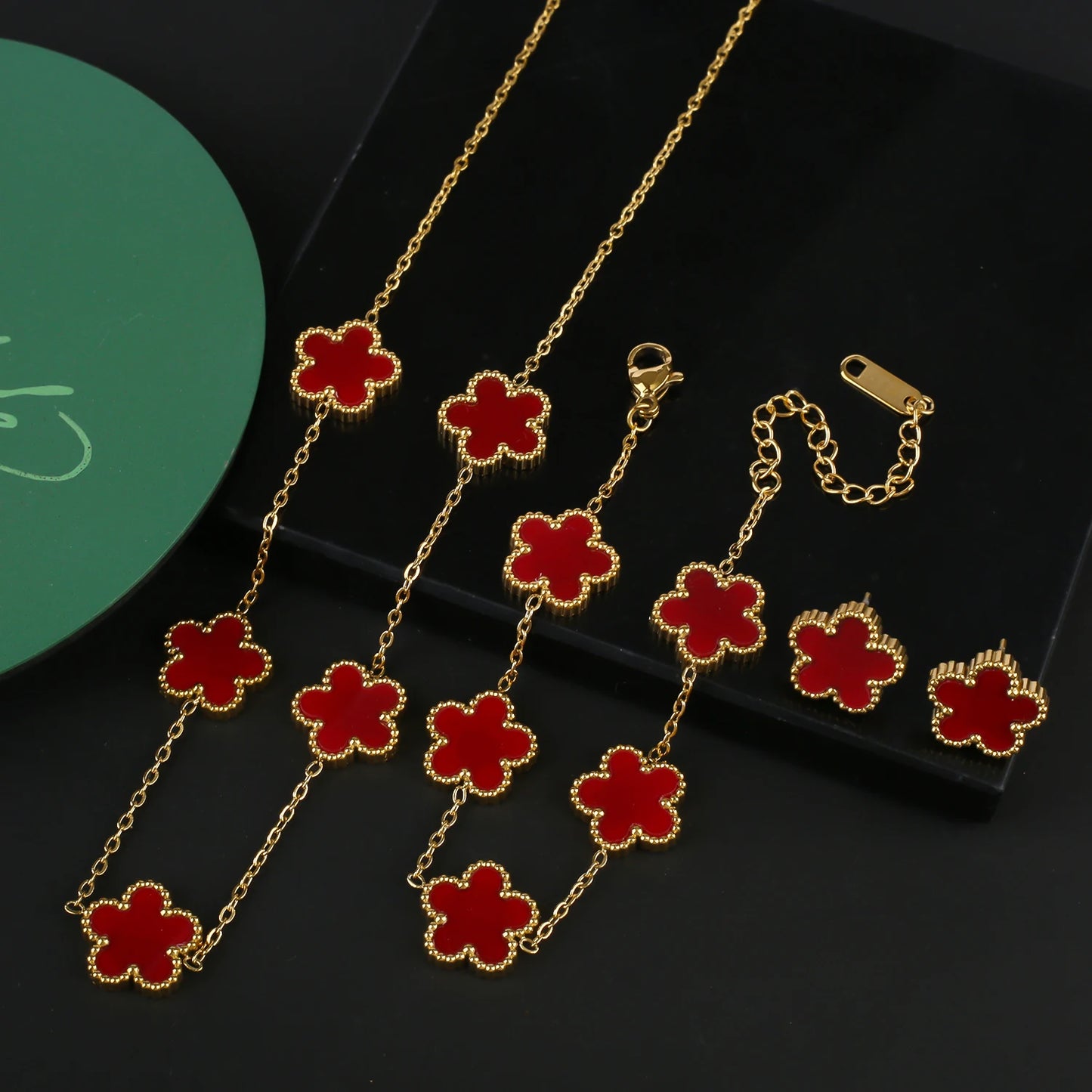 Stainless Steel Leaf Flower Clover Bracelet Jewelry Set Necklace Earrings Woman