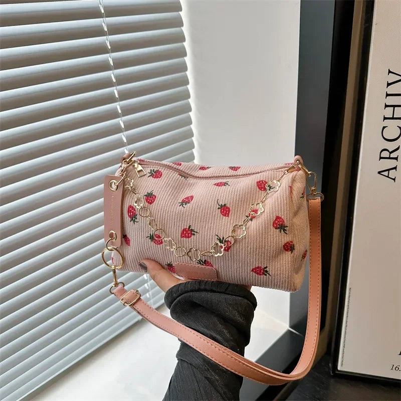 Cute Strawberry Print Mini Underarm Bag Small Fresh Corduroy Women Tote Handbag Casual Versatile Commuter Travel Shoulder Bag