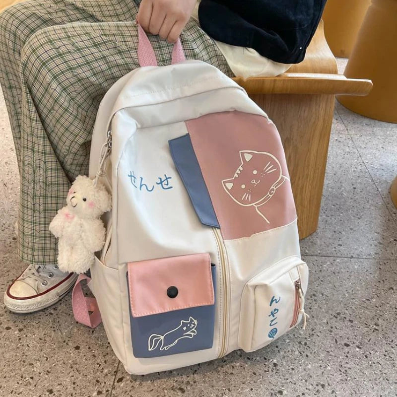 Korean Cute Cartoon Cat Women's Backpack Junior High School Students Schoolbag Large Capacity Nylon Waterproof Travel Backpack