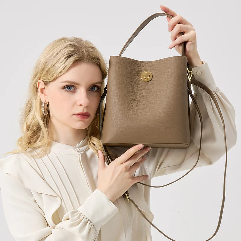 Women's Top grain Leather Handbag Female Large Capacity Bucket Bag Cowhide Genuine Leather Soft Tote Crossbody shoulder Bag