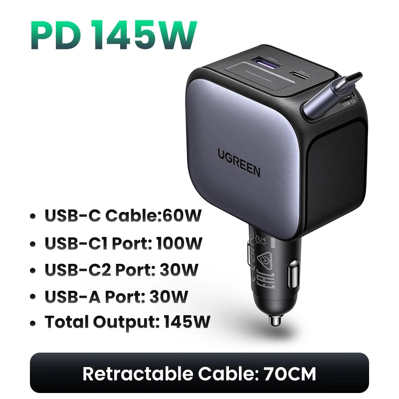UGREEN USB Type-C Car Charger PD145W 90W 60W Retractable Cable PD SCP AFC PPS Fast Charging For Tablet iPhone Samsung Xiaomi