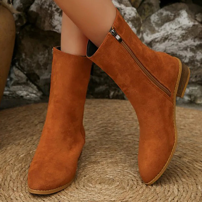 Elegant Square Heel Boots for Women Comfort Pointed Toe Mid Heel Ankle Boots Woman 2025 Plus Size Faux Suede Booties Female
