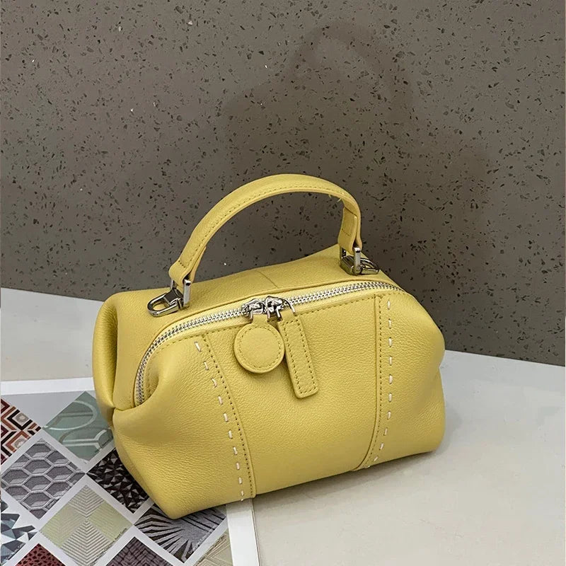 Genuine Cowhide Leather Mini Boston Bag for Women Luxury Designer Pebbled Leather Top Handle Crossbody Bag in Multi Colors
