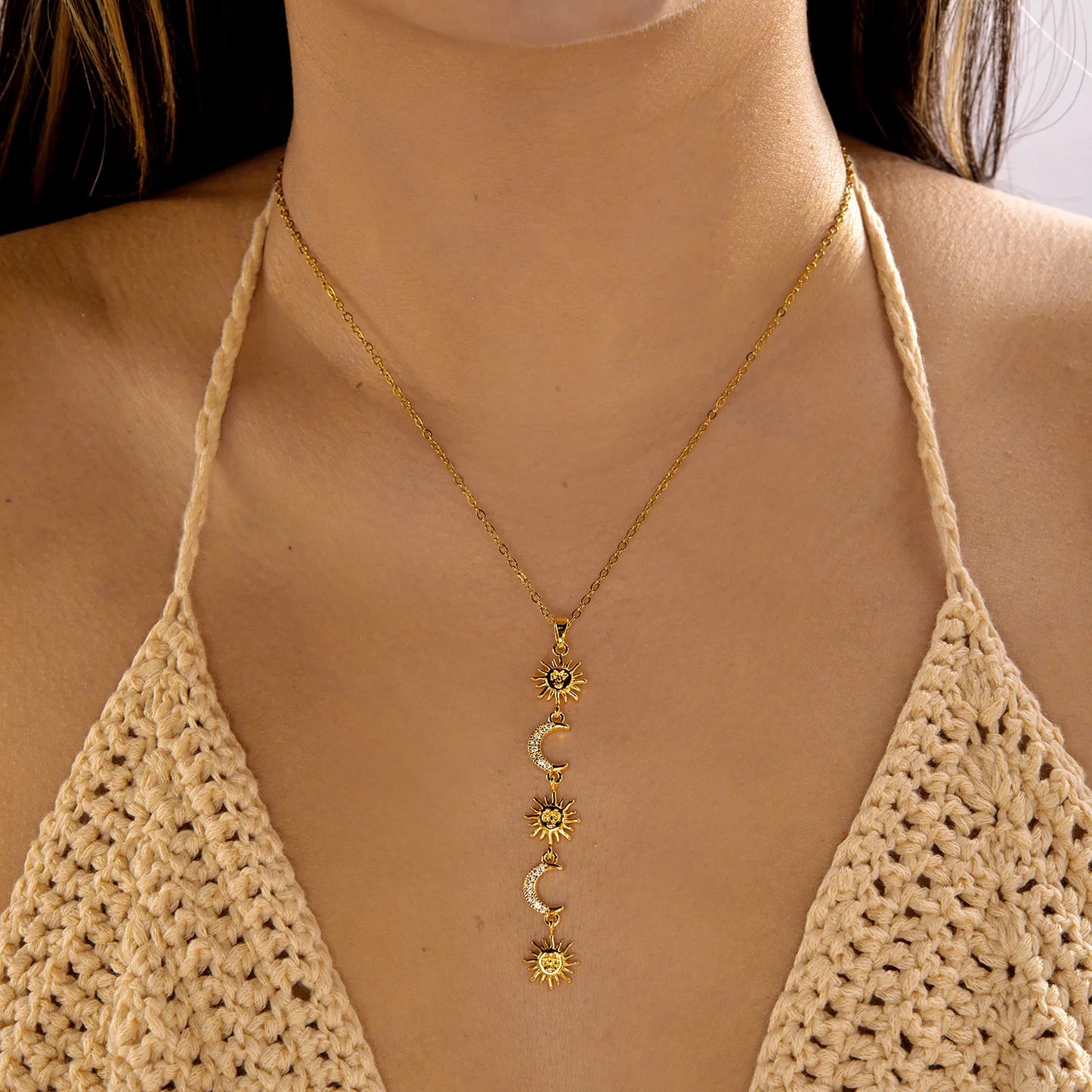 Shiny Colorful Tassel Star Burst Diamond Shape Long Pendant Stainless Steel Necklace for Women Bohemian Layered Jewelry Gift