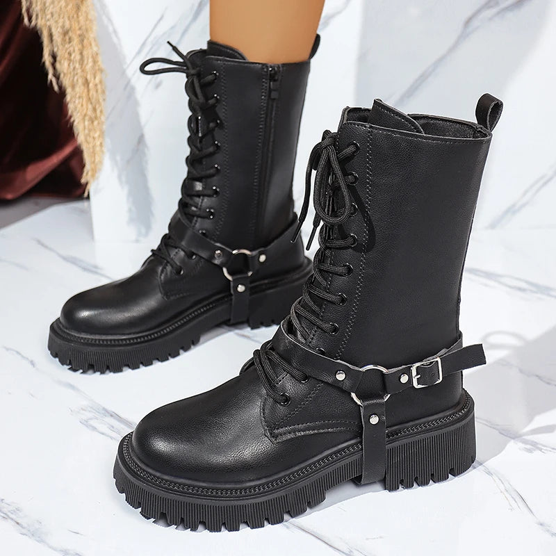 Fashion Belt Buckle Platform Mid Calf Boots Women Black Zipper Thick Sole Motorcycle Boots Woman Punk Pu Leather Botas Mujer
