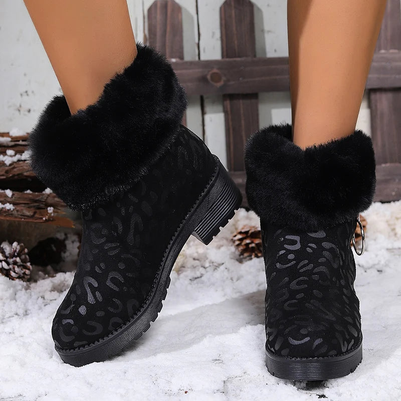 Fashion Leopard Print Faux Fur Ankle Boots Women Zipper Decor Thick Heels Winter Boots Woman Non Slip Warm Plush Short Booties
