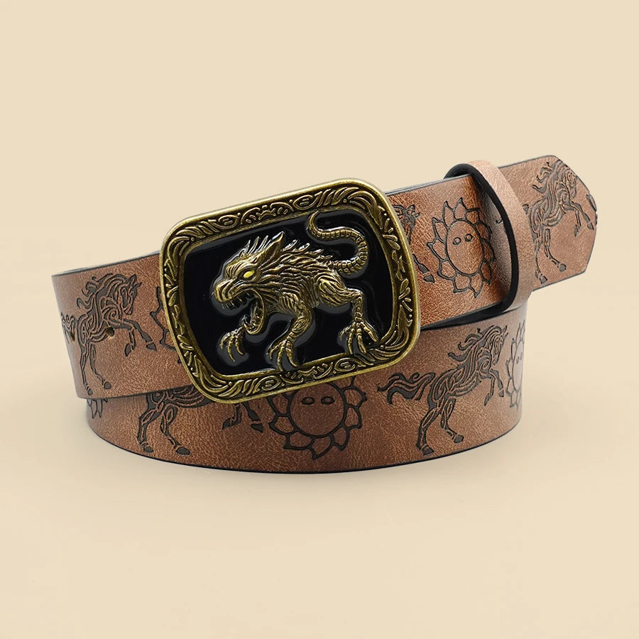 Western Cowboy Street Style Belt - Monster Motif Carved Vintage Print for Daily Wear, Commute & Casual Outfits