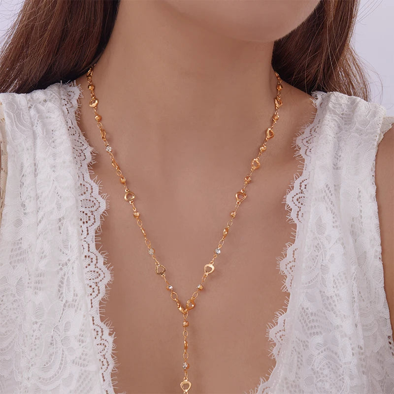 Bohemian Colorful Crystal Long Y-Shaped Necklace Women Fashion Gold Color Collar Chain Beach Party Jewelry Vacation Accessories